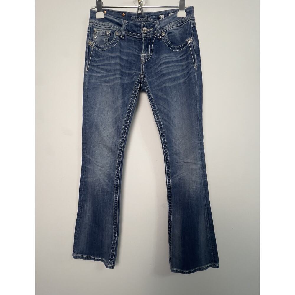 Miss Me Jeans 26 Med Wash JE8013BR Boot Low Rise Crystal Chain Leather